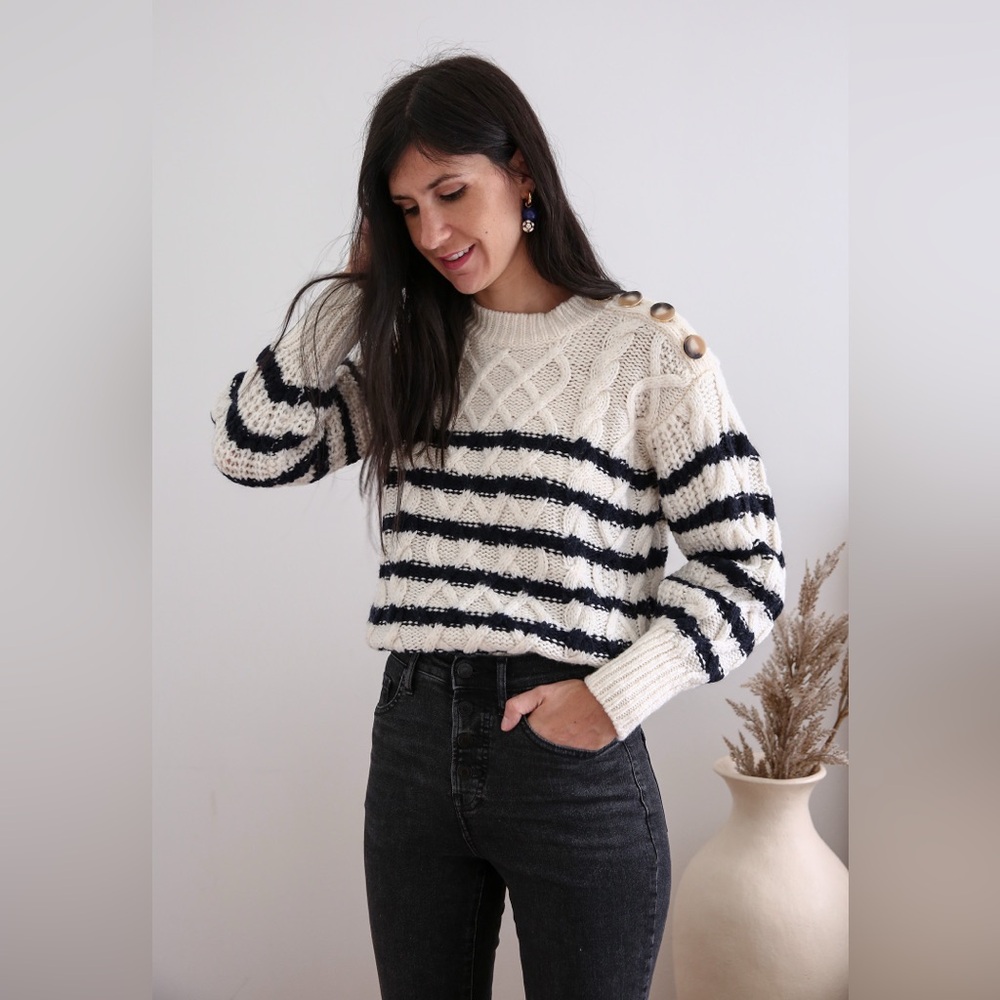 Sezane James Striped Cable-Knit Sweater with Shoulder Buttons